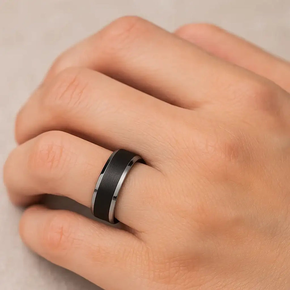 ASTON Black Brushed Center Tungsten Ring with Polished Beveled Edges, 4mm–10mm - Larson Jewelers