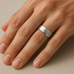 White tungsten carbide 7mm band with satin center and polished edges shown on a hand