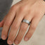 Ring on a hand, displaying the gray brushed tungsten carbide band with polished step edges