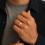 Model wearing a 6mm yellow gold-tone satin center tungsten carbide band on ring finger