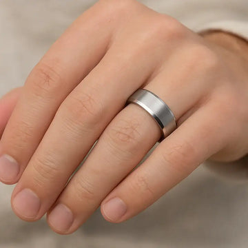 SHIRE titanium men’s flat wedding ring with brushed center and polished beveled edges, front angle