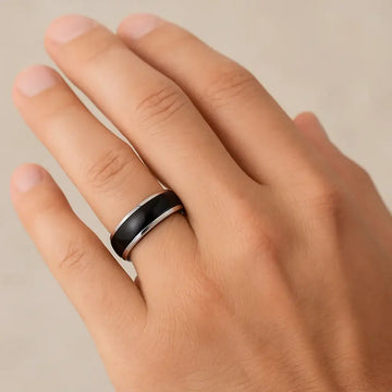 The black ceramic and tungsten band worn on a hand, demonstrating fit and profile