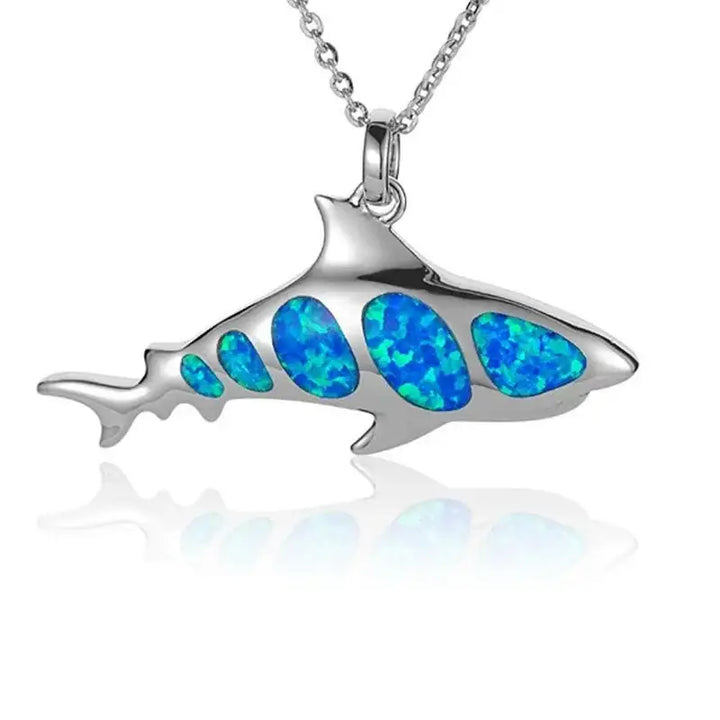 Sterling Silver Shark Necklace with Opal Inlay - Larson Jewelers