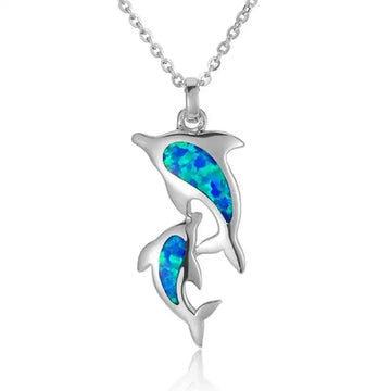 Sterling Silver Pendantwith Two Dolphins and Opal Inlay - Larson Jewelers