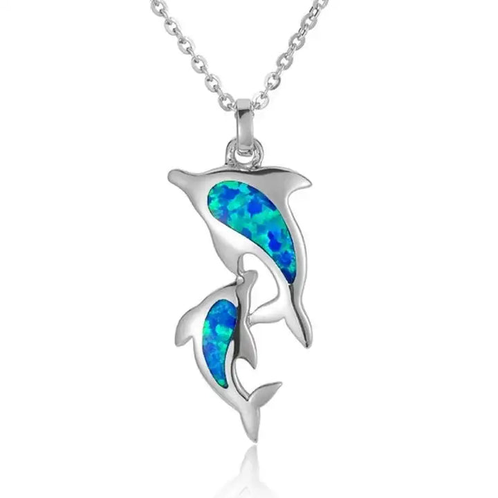 Sterling Silver Pendantwith Two Dolphins and Opal Inlay - Larson Jewelers