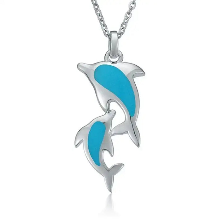 Sterling Silver Pendantwith Two Dolphins and Turquoise Inlay - Larson Jewelers
