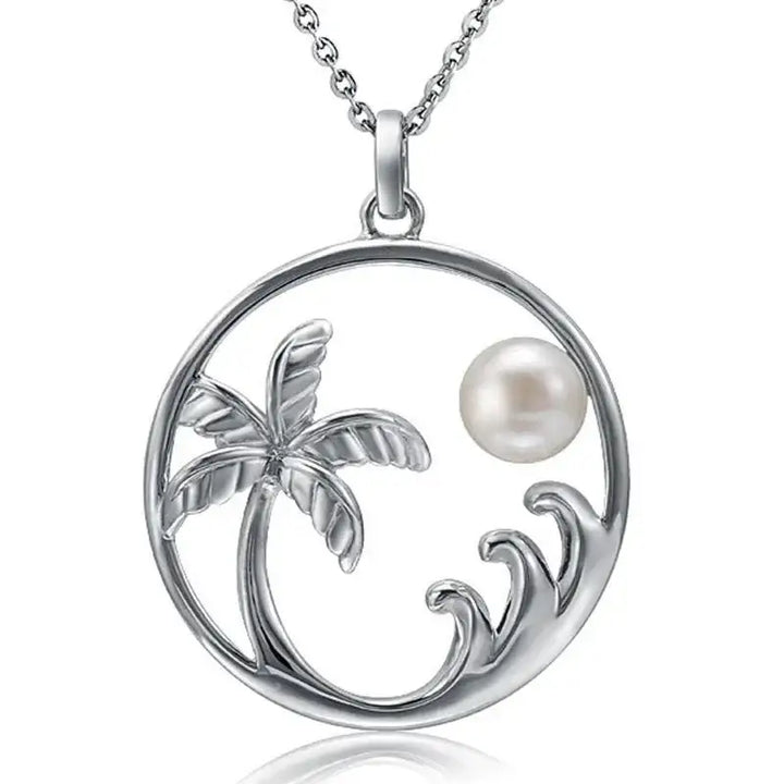 Palm Tree and Wave Pendantwith White Pearl - Larson Jewelers