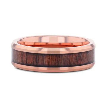 ALDER Rose Gold Plated Rose Wood Inlaid Tungsten Men's Wedding Band With Beveled Polished Edges - 8mm - Larson Jewelers