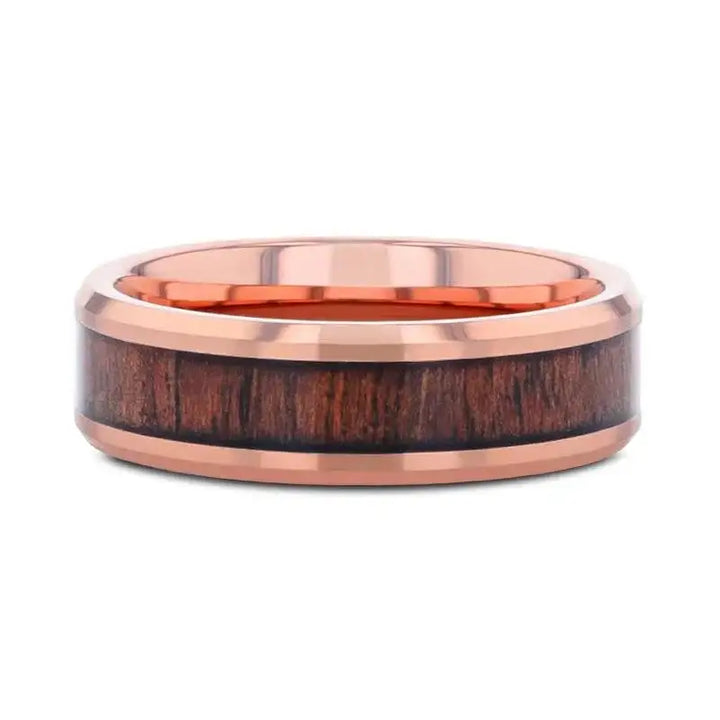 ALDER Rose Gold Plated Rose Wood Inlaid Tungsten Men's Wedding Band With Beveled Polished Edges - 8mm - Larson Jewelers