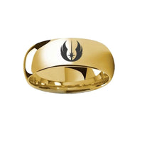 Polished Gold Plated Tungsten Domed Jedi Order Symbol Star Wars Engraved Ring - 8mm - Larson Jewelers