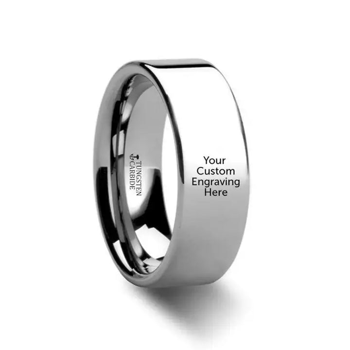 Polished tungsten carbide ring with customizable engraving text on the exterior, comfort fit profile, shown at an angle