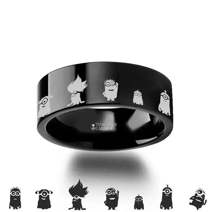 Minions Despicable Me Symbol Super Hero Black Tungsten Engraved Ring Jewelry - 2mm - 12mm - Larson Jewelers