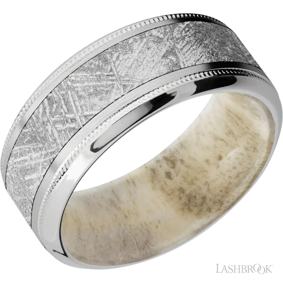 14K White Gold with Satin , Polish Finish and Meteorite Inlay and Antler - 9MM - Larson Jewelers