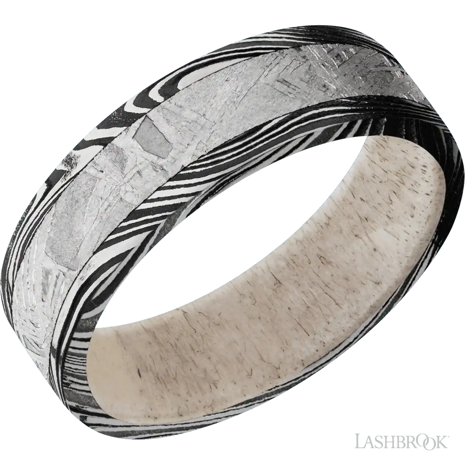 Marble with Acid Finish and Meteorite Inlay and Antler - 7MM - Larson Jewelers