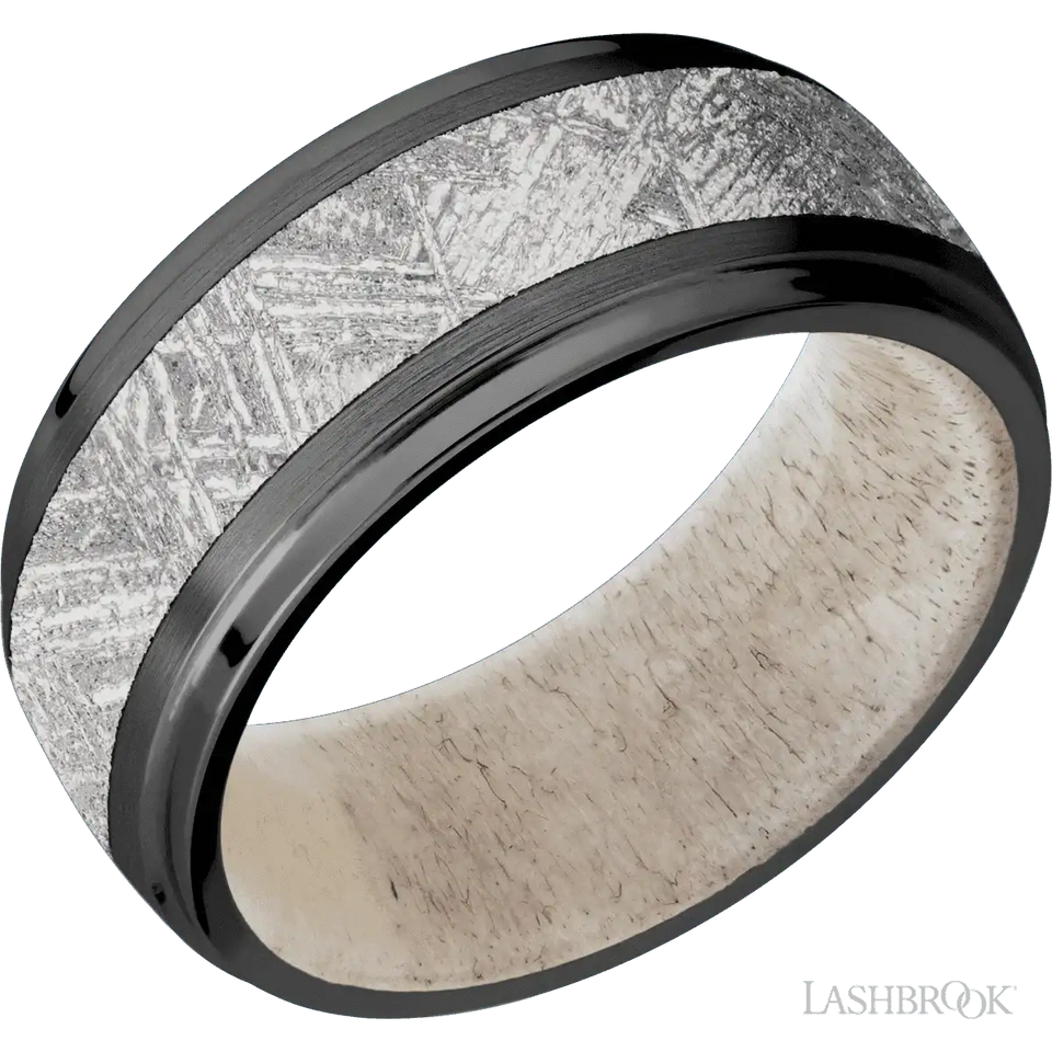 Zirconium with Satin , Polish Finish and Meteorite Inlay and Antler - 9MM - Larson Jewelers