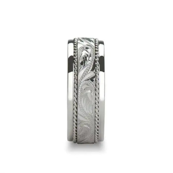 RHODE Novell Hand Engraved Center Silver Wedding Band - 8mm - Larson Jewelers