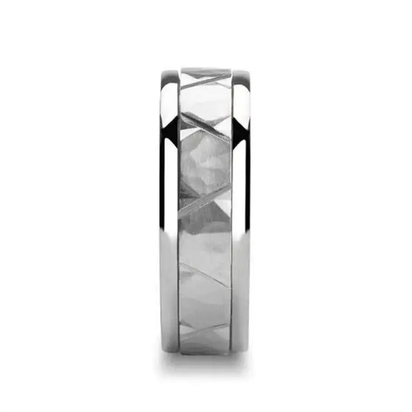 PYRRHUS X Novell Raised Hammered Center with Carved X Cuts Silver Wedding Band - 7mm & 8mm " - Larson Jewelers