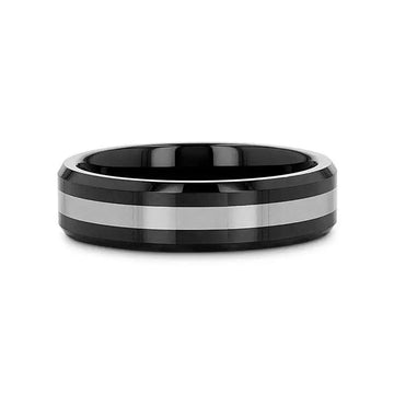 ASTADI Polished Black Beveled Ceramic with Tungsten Inlay - 6mm & 8mm (Limited Stock) - Larson Jewelers