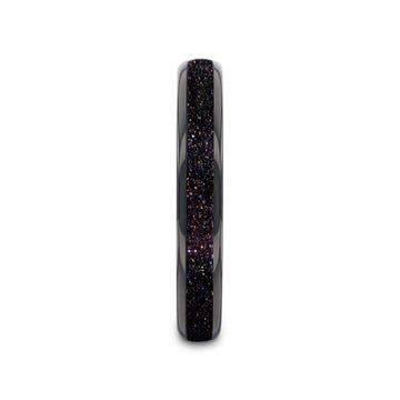 Front view of ASTRUM black tungsten ring showcasing the crushed blue and purple goldstone inlay, 4mm