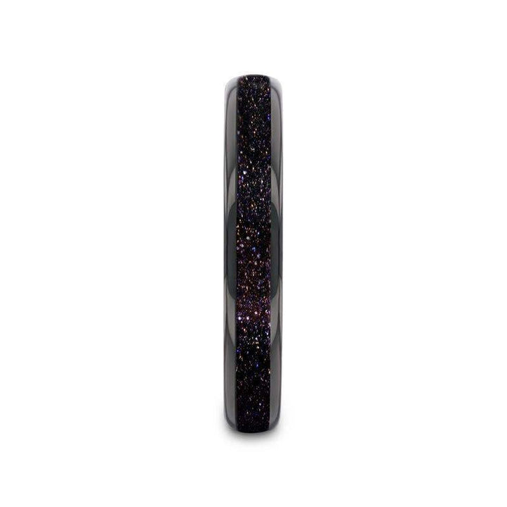 Front view of ASTRUM black tungsten ring showcasing the crushed blue and purple goldstone inlay, 4mm