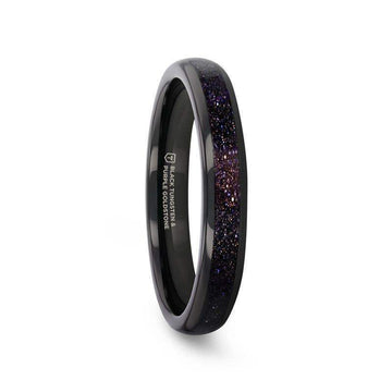 Side view of ASTRUM black tungsten ring with crushed blue and purple goldstone inlay, 4mm width