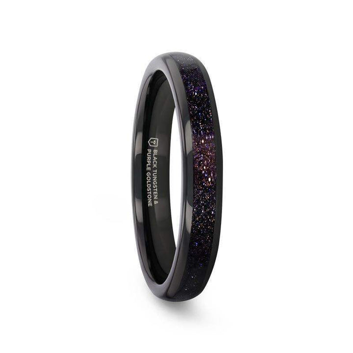Side view of ASTRUM black tungsten ring with crushed blue and purple goldstone inlay, 4mm width