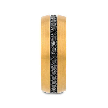 Gold-plated tungsten carbide ring shown from the front, highlighting the vertical row of black sapphires in the center groove