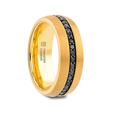 Gold-plated tungsten carbide men’s ring with a center channel of round black sapphires, angled side view