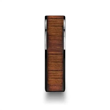 ATREUS Polished Black Ceramic Flat Wedding Band with Koa Wood Inlay - 6mm - 10mm - Larson Jewelers