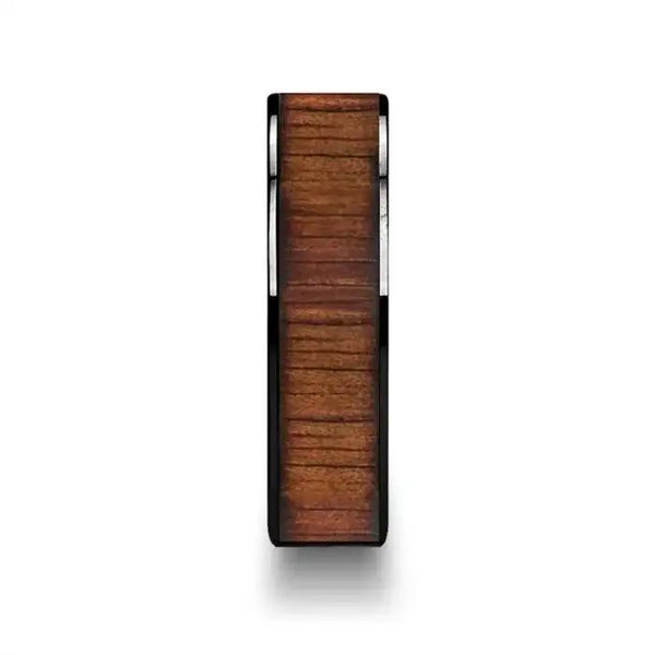 ATREUS Polished Black Ceramic Flat Wedding Band with Koa Wood Inlay - 6mm - 10mm - Larson Jewelers