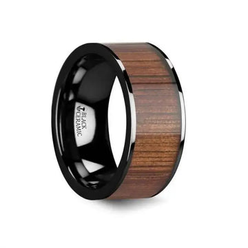 ATREUS Polished Black Ceramic Flat Wedding Band with Koa Wood Inlay - 6mm - 10mm - Larson Jewelers