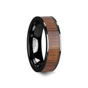 ATREUS Polished Black Ceramic Flat Wedding Band with Koa Wood Inlay - 6mm - 10mm - Larson Jewelers