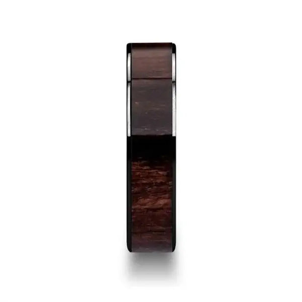 KENDO Black Ceramic Polished Finish Ring with Black Walnut Wood Inlay - 6mm - 10mm - Larson Jewelers