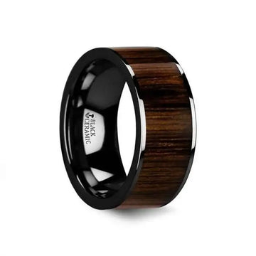 KENDO Black Ceramic Polished Finish Ring with Black Walnut Wood Inlay - 6mm - 10mm - Larson Jewelers