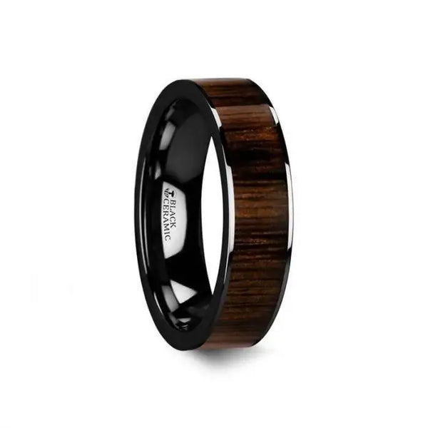 KENDO Black Ceramic Polished Finish Ring with Black Walnut Wood Inlay - 6mm - 10mm - Larson Jewelers