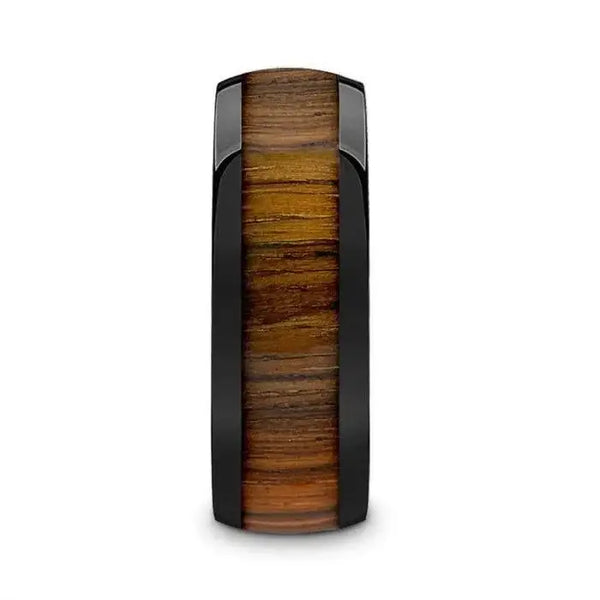 LINDEN Black Ceramic Polished Finish Men’s Domed Wedding Band with Koa Wood Inlay - 8mm - Larson Jewelers