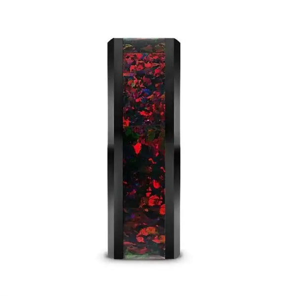 MATRIX Black Ceramic Polished Beveled Edges Men’s Wedding Band with Black Opal Inlay - 8mm - Larson Jewelers