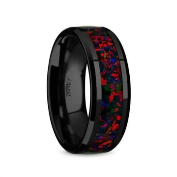 MATRIX Black Ceramic Polished Beveled Edges Men’s Wedding Band with Black Opal Inlay - 8mm - Larson Jewelers