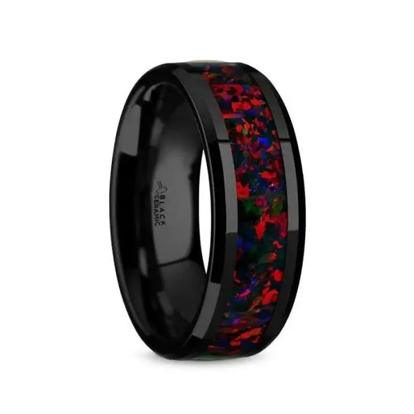 MATRIX Black Ceramic Polished Beveled Edges Men’s Wedding Band with Black Opal Inlay - 8mm - Larson Jewelers