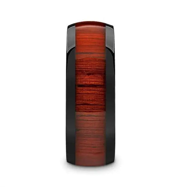 MANE Black Ceramic Polished Finish Men’s Domed Wedding Band with Padauk Wood Inlay - 8mm - Larson Jewelers