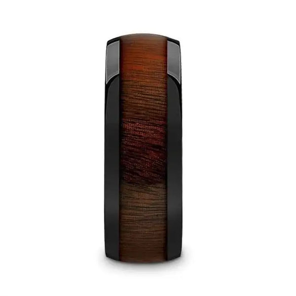 ROSAE Black Ceramic Domed Profile Polished Finish Men’s Wedding Band with Rose Wood Inlay - 8mm - Larson Jewelers
