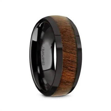 WALLACE Black Ceramic Polished Finish Men’s Domed Wedding Band with Black Walnut Inlay - 8mm - Larson Jewelers