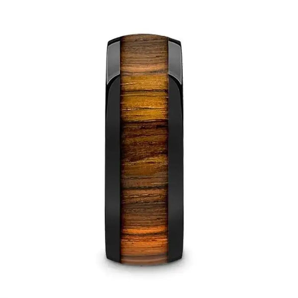 ZERRA Black Ceramic Polished Finish Men’s Domed Wedding Ring with Zebra Wood Inlay - 8mm - Larson Jewelers