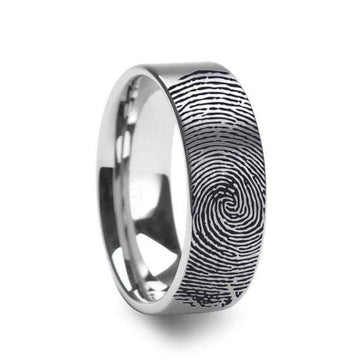 10k Fingerprint Ring White Gold Engraved Flat Brushed Band - 4mm - 8mm - Larson Jewelers