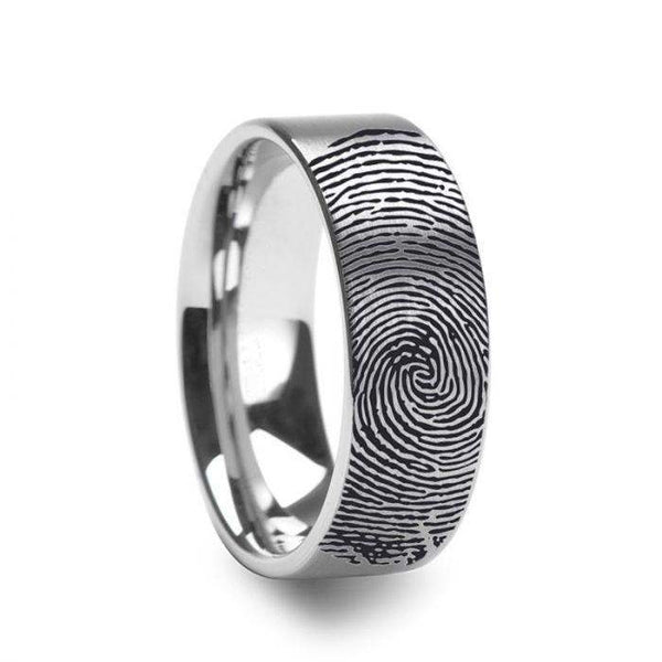 10k Fingerprint Ring White Gold Engraved Flat Brushed Band - 4mm - 8mm - Larson Jewelers