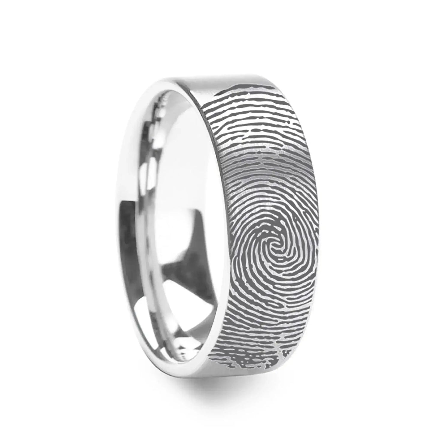 14k Fingerprint Ring White Gold Engraved Flat Brushed Band - 4mm - 8mm - Larson Jewelers
