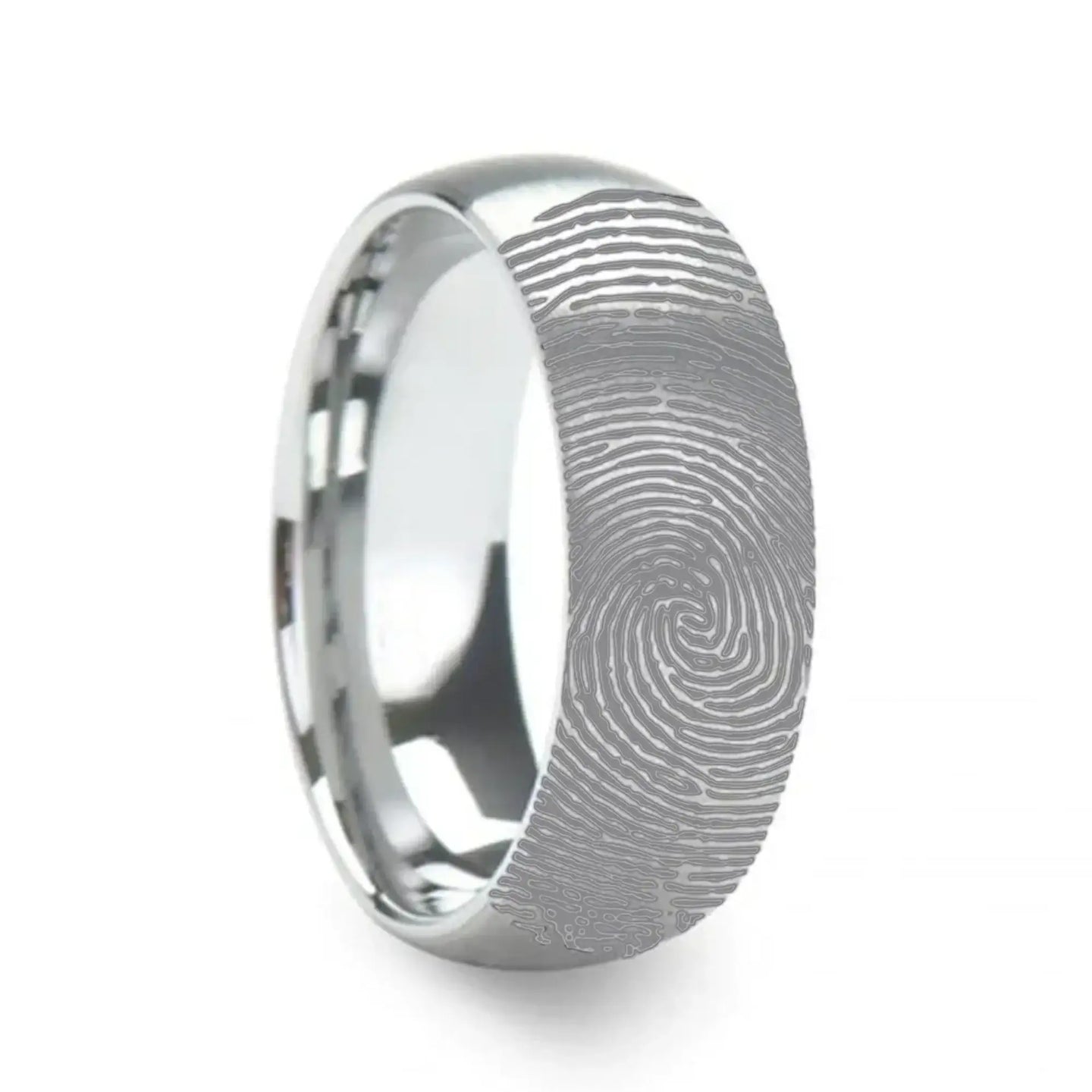 10k Fingerprint Ring White Gold Engraved Domed Brushed Band - 4mm - 8mm - Larson Jewelers