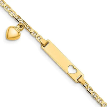 14K Cut-out Heart w/Dangling Heart Children's Anchor Link ID Bracelet - Larson Jewelers