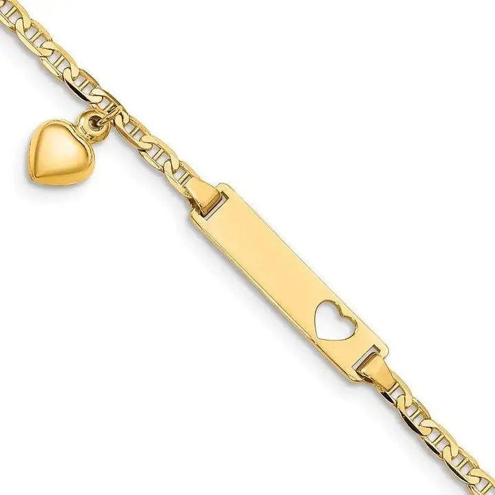 14K Cut-out Heart w/Dangling Heart Children's Anchor Link ID Bracelet - Larson Jewelers