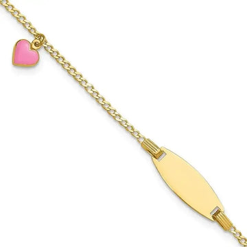 14k Polished Kids ID with Pink Enameled Puff Heart 5.5in Bracelet - Larson Jewelers